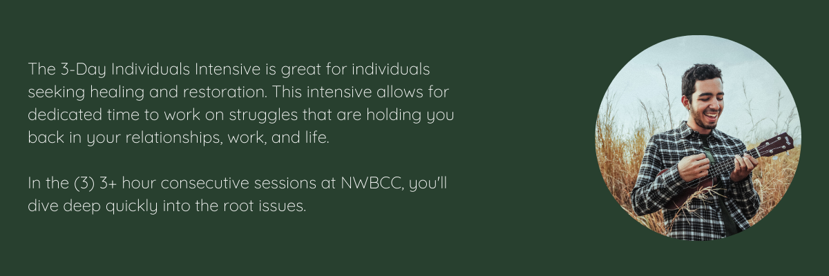 The 3-Day Individuals Intensive Is Great For Individuals Seeking Healing And Restoration. This Intensive Allows For Dedicated Time To Work On Struggles That Are Holding You Back In Your Relationships, Work, And Life. In The (3) 3+ Hour Consecutive Sessions At NWBCC, You'll Dive Deep Quickly Into The Root Issues.