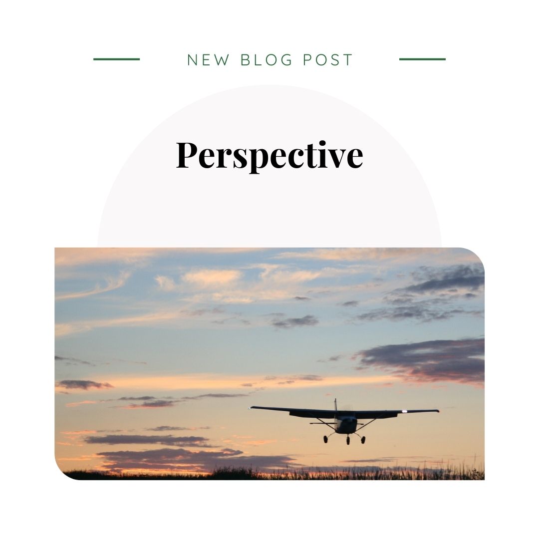 New blog post called "Perspective" with image of small airplane flying into a sunrise/sunset sky.