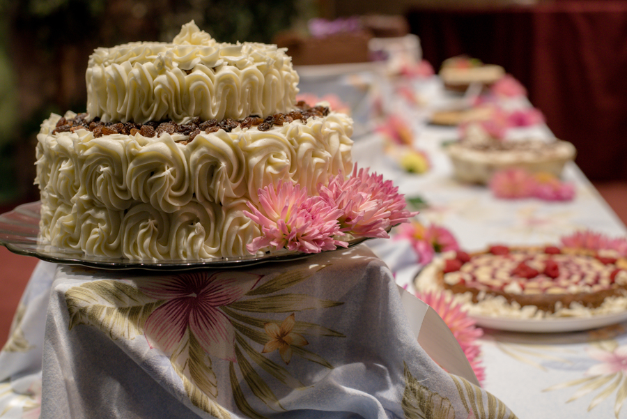 Two tiered white cake with frosting decoration